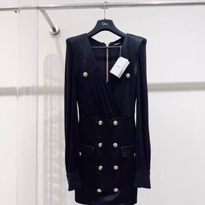 Authentic Balmain Black Long Sleeve Dress with Gold Buttons